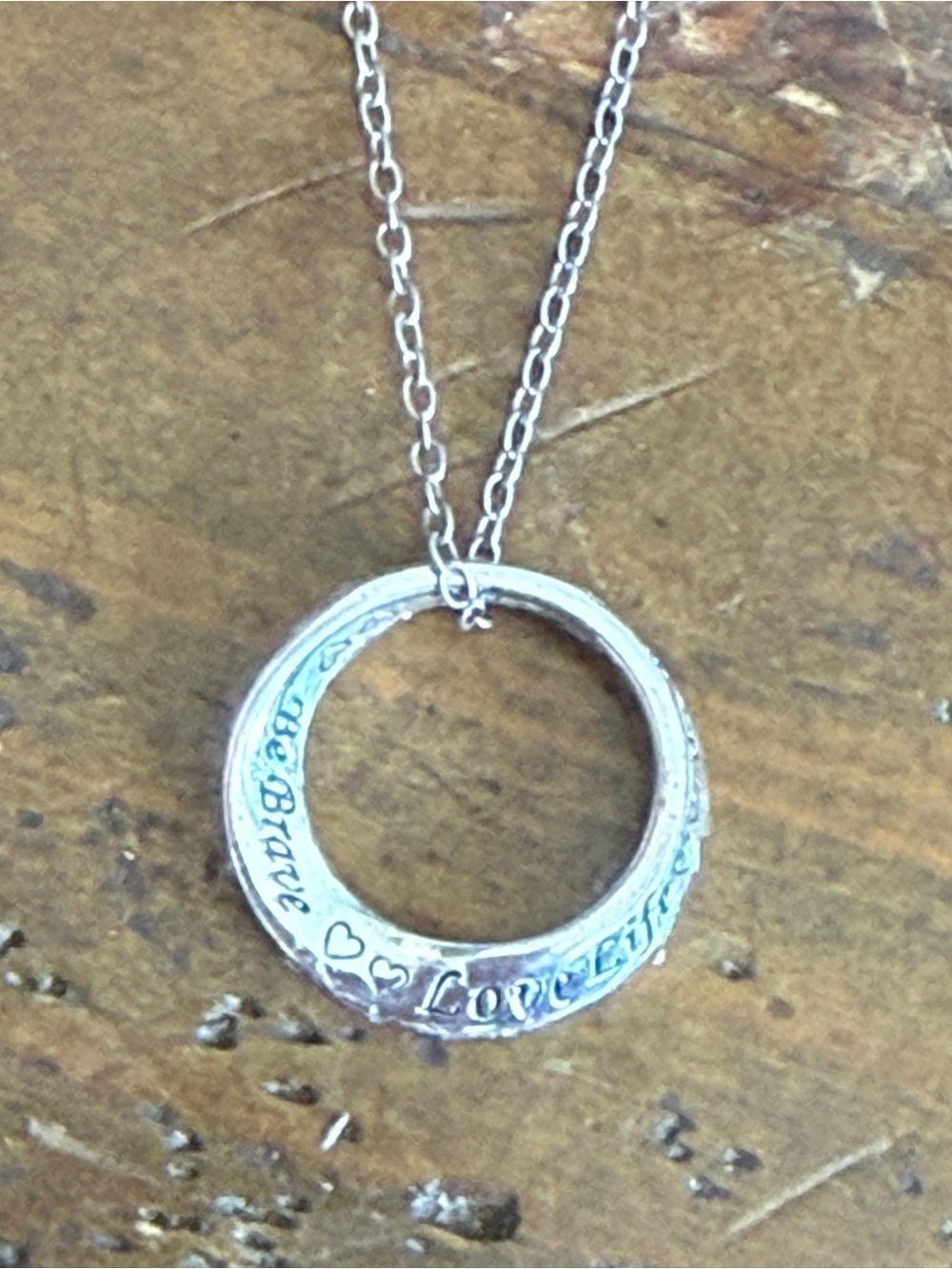 Sterling 925   Love Life - Be Brave 1/2” Circle Pendant Necklace Italy 15"